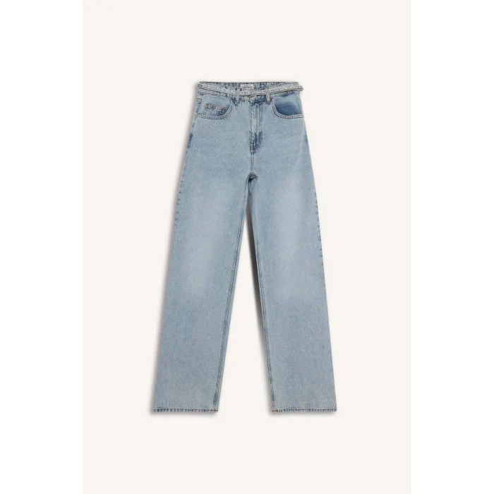 Defacto F2945AXNM39 Mavi Straıght Wıde Yüksek Bel Düz Paça Uzun Jean Yıkamalı Pantolon