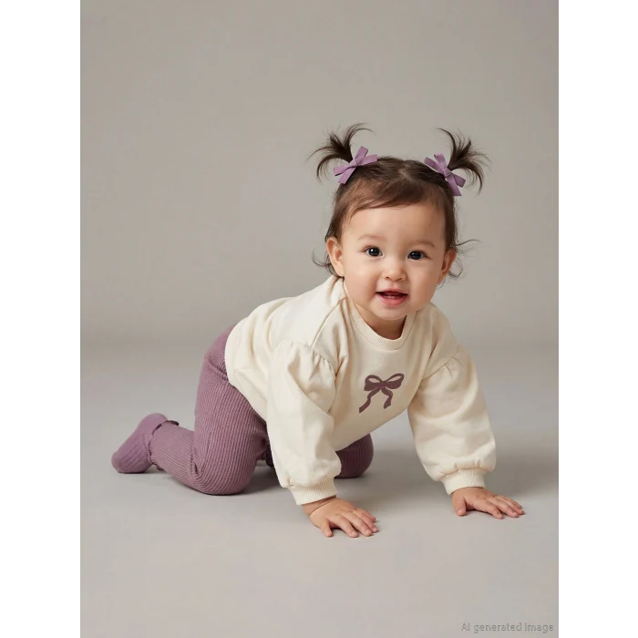 LCW baby Ekru Bisiklet Yaka Kız Bebek Sweatshirt ve Tayt