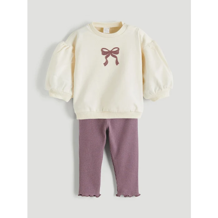 LCW baby Ekru Bisiklet Yaka Kız Bebek Sweatshirt ve Tayt