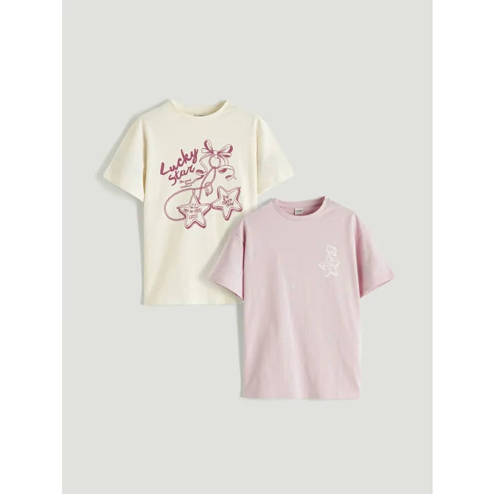 LCW Kids Ekru Baskılı Kız Çocuk Tişört 2li