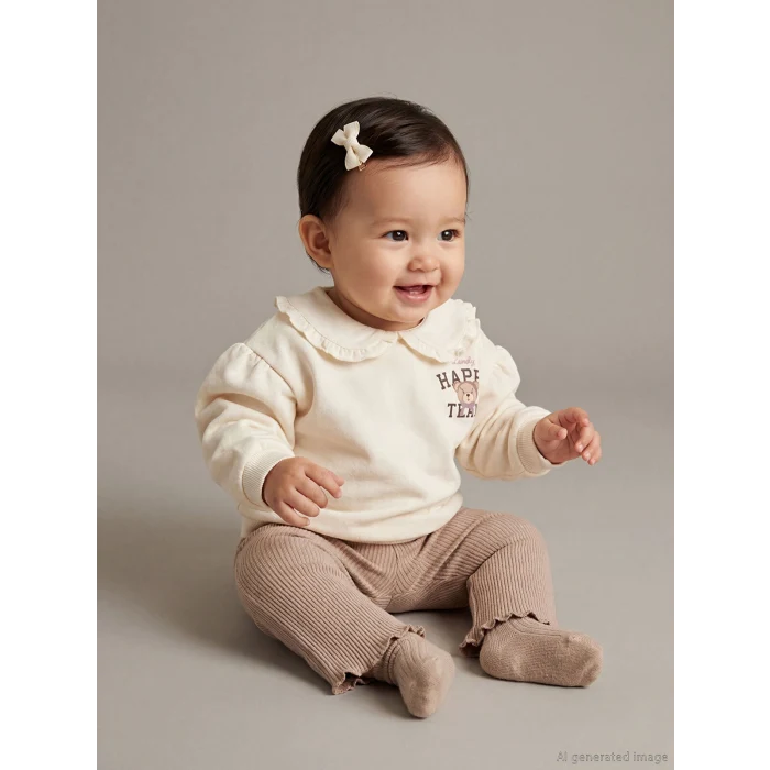 LCW baby Ekru Bebe Yaka Kız Bebek Sweatshirt ve Tayt