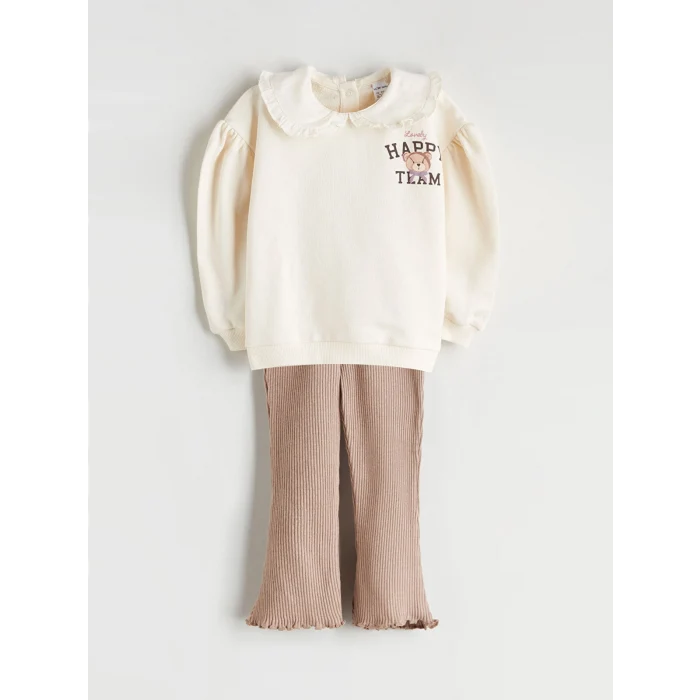 LCW baby Ekru Bebe Yaka Kız Bebek Sweatshirt ve Tayt
