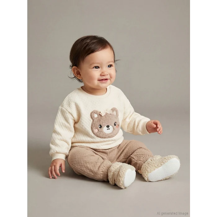 LCW baby Bej Hayvan Figürlü Kız Bebek Sweatshirt ve Pantolon