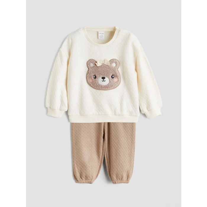 LCW baby Bej Hayvan Figürlü Kız Bebek Sweatshirt ve Pantolon