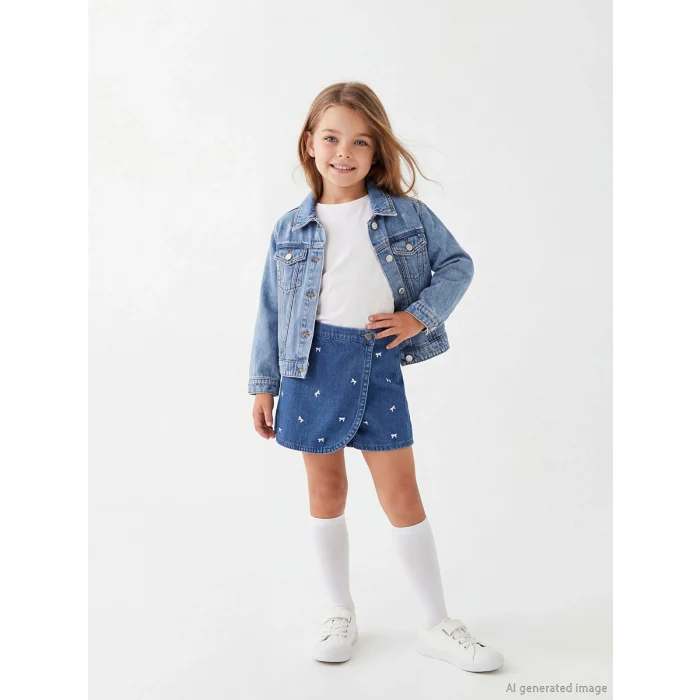 LCW Kids İndigo Kurdele Nakışlı Kız Çocuk Jean Şort