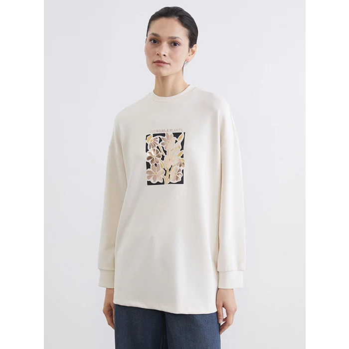 LCW Modest Bej Bisiklet Yaka Oversize Kadın Sweatshirt Tunik