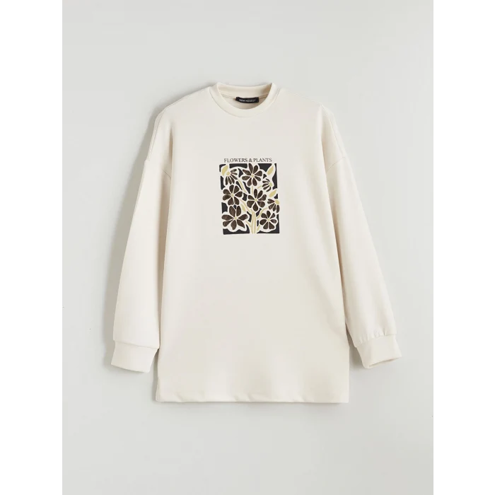 LCW Modest Bej Bisiklet Yaka Oversize Kadın Sweatshirt Tunik