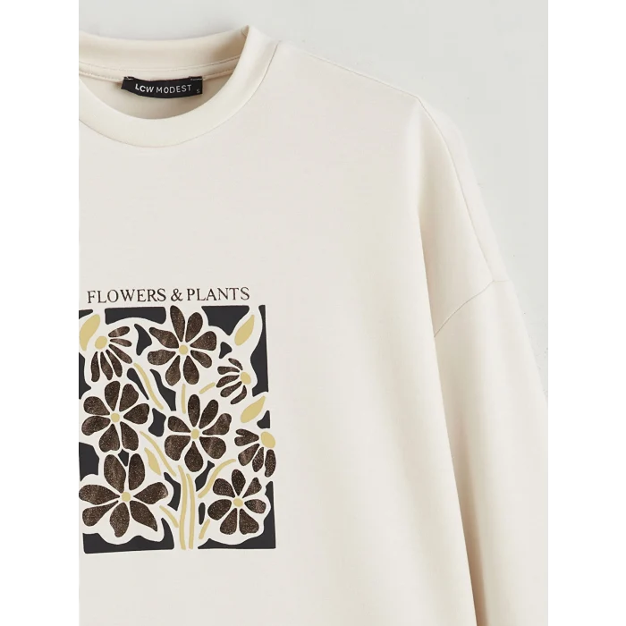 LCW Modest Bej Bisiklet Yaka Oversize Kadın Sweatshirt Tunik