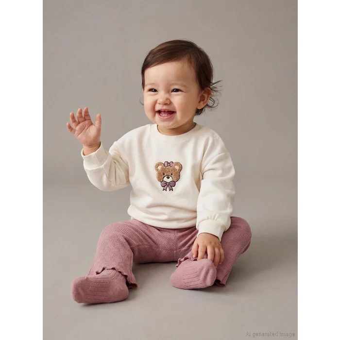 LCW baby Ekru Nakışlı Kız Bebek Sweatshirt ve Tayt