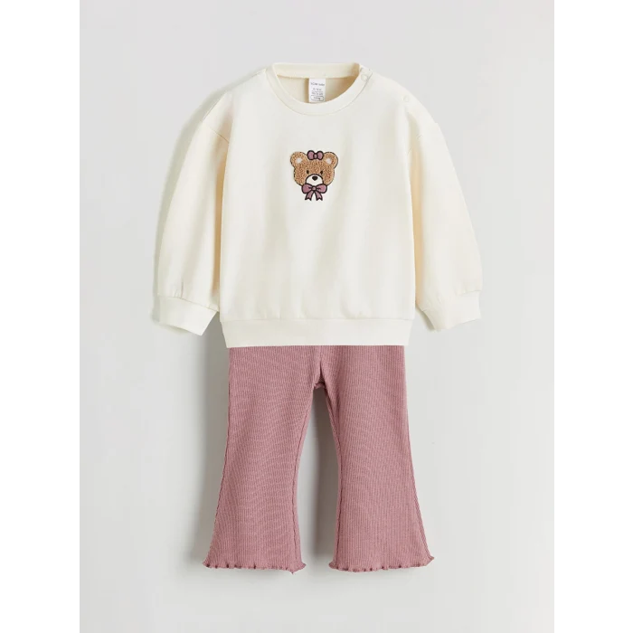 LCW baby Ekru Nakışlı Kız Bebek Sweatshirt ve Tayt