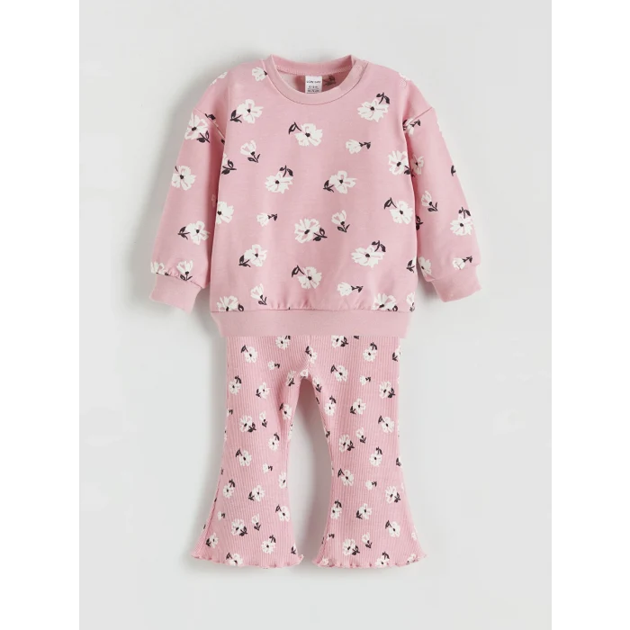 LCW baby Pembe Bisiklet Yaka Çiçekli Kız Bebek Sweatshirt ve Tayt