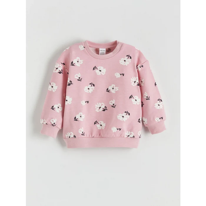 LCW baby Pembe Bisiklet Yaka Çiçekli Kız Bebek Sweatshirt ve Tayt