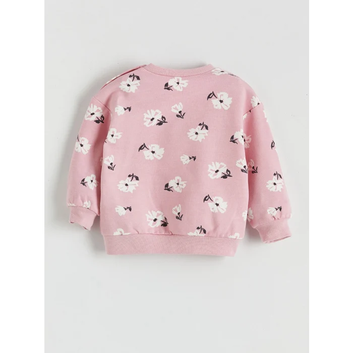 LCW baby Pembe Bisiklet Yaka Çiçekli Kız Bebek Sweatshirt ve Tayt