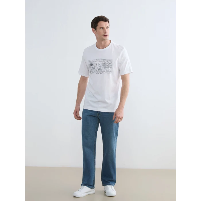 LCWAIKIKI Classic Beyaz Bisiklet Yaka Baskılı Penye Erkek Tişört
