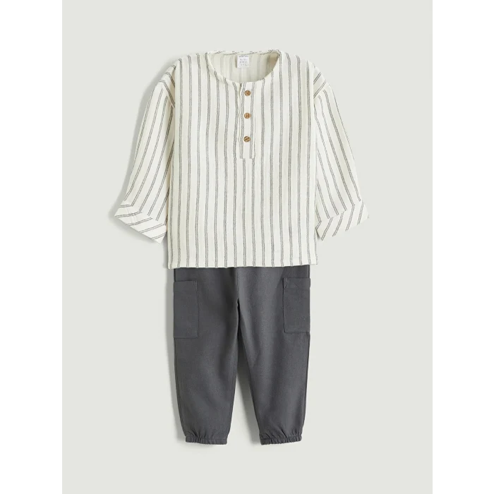 LCW baby Bej Çizgili Erkek Bebek Gömlek ve Pantolon