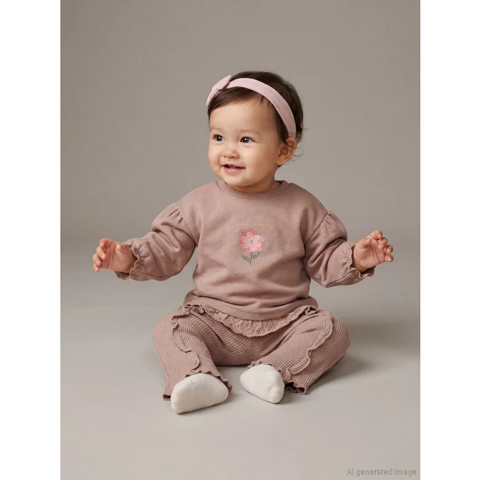 LCW baby Kahverengi Bisiklet Yaka Kız Bebek Sweatshirt ve Tayt