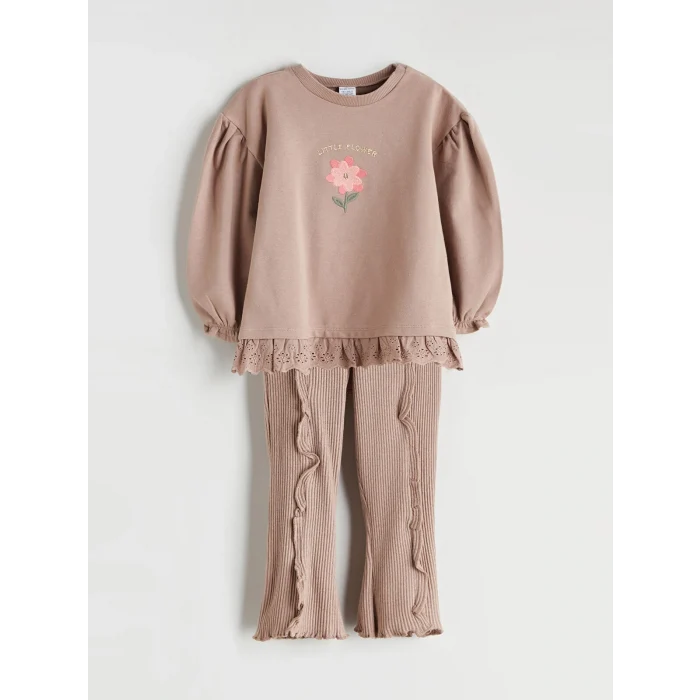 LCW baby Kahverengi Bisiklet Yaka Kız Bebek Sweatshirt ve Tayt