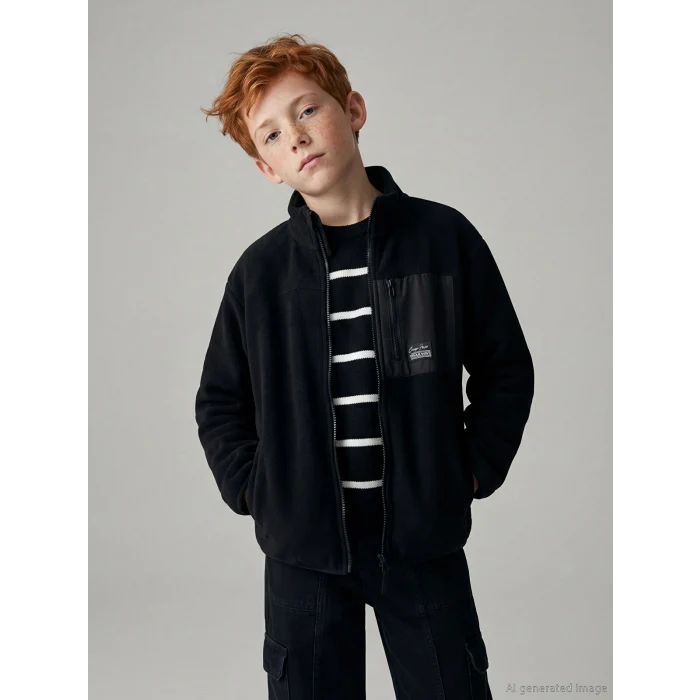 LCW Kids Siyah Dik Yaka Erkek Çocuk Fermuarlı Polar Hırka