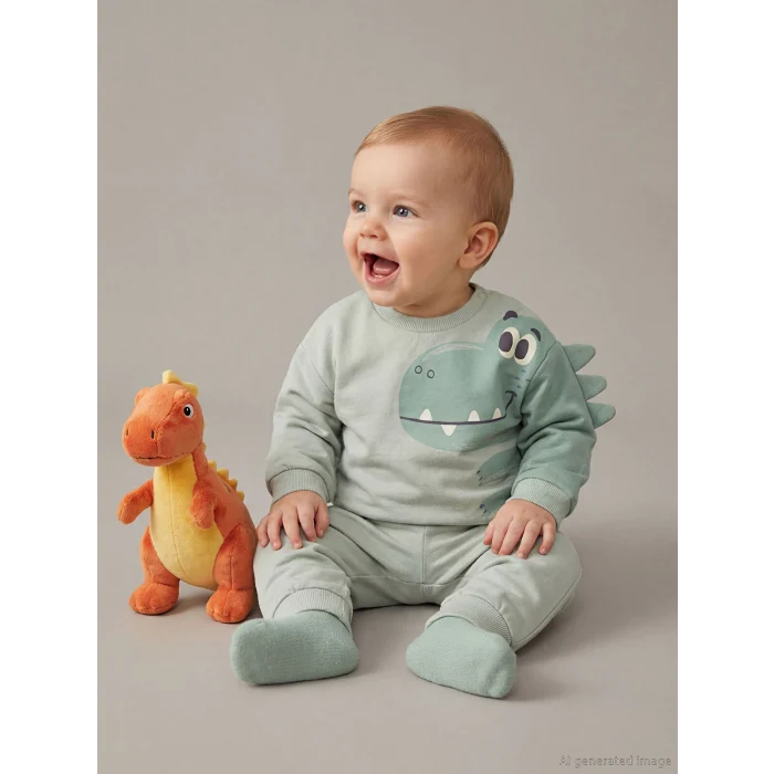 LCW baby Yeşil Dinozor Baskılı Erkek Bebek Eşofman Takımı