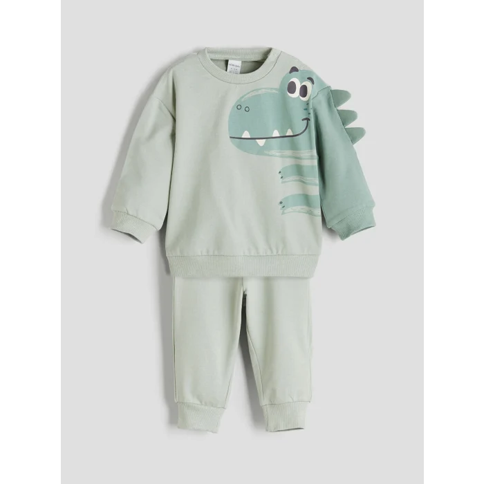 LCW baby Yeşil Dinozor Baskılı Erkek Bebek Eşofman Takımı