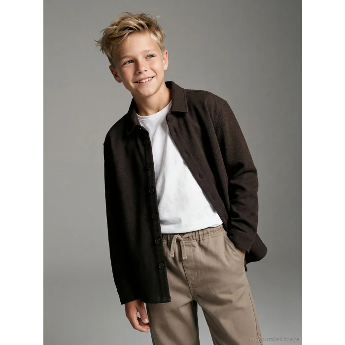 LCW Kids Kahverengi Basic Uzun Kollu Erkek Çocuk Gömlek