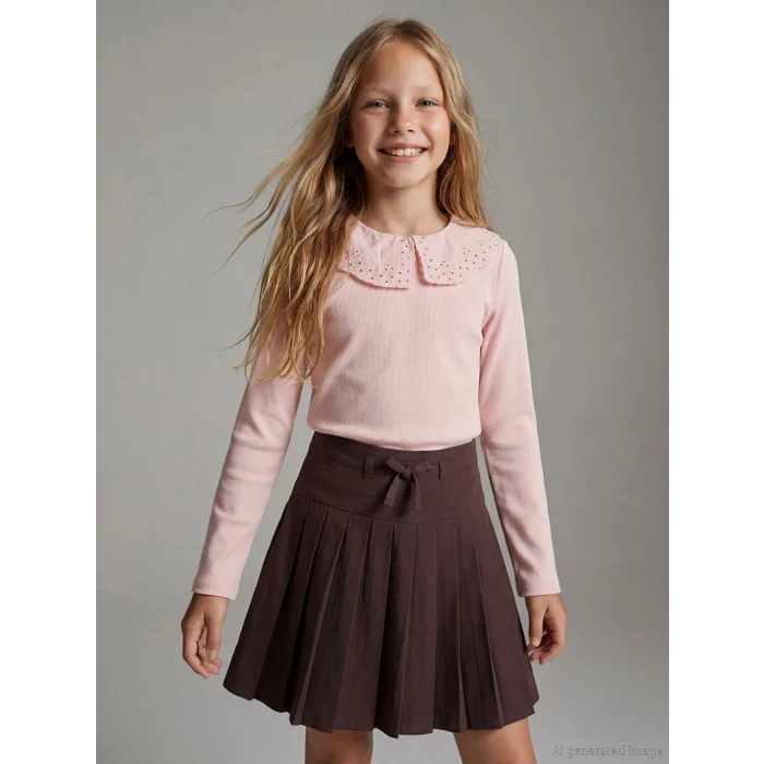 LCW Kids Pembe Bebe Yaka Fisto Detaylı Kız Çocuk Tişört