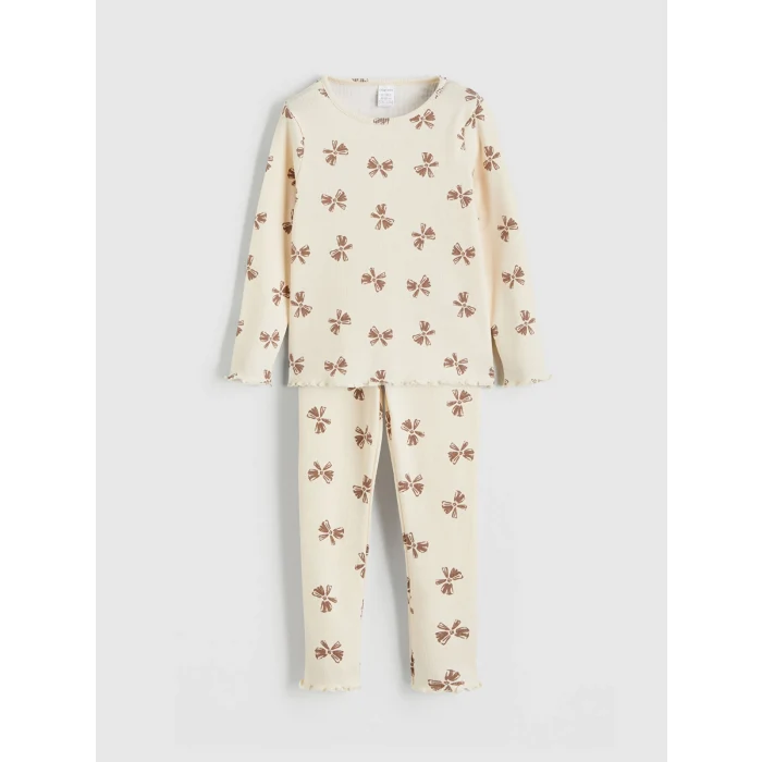 LCW baby Bej Bisiklet Yaka Fiyonk Baskılı Kız Bebek Tişört ve Tayt