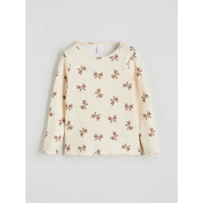 LCW baby Bej Bisiklet Yaka Fiyonk Baskılı Kız Bebek Tişört ve Tayt