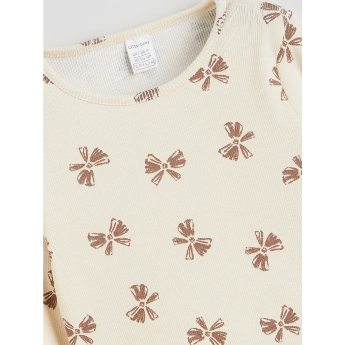 LCW baby Bej Bisiklet Yaka Fiyonk Baskılı Kız Bebek Tişört ve Tayt