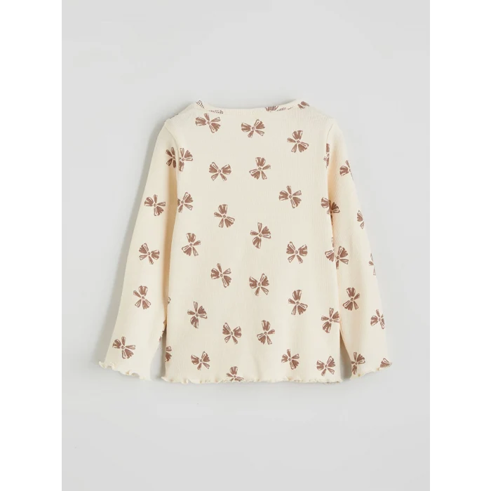 LCW baby Bej Bisiklet Yaka Fiyonk Baskılı Kız Bebek Tişört ve Tayt