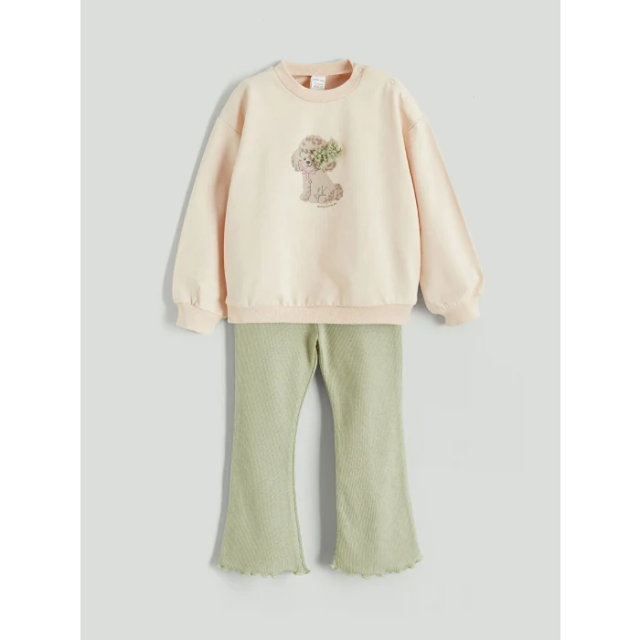 LCW baby Bej Bisiklet Yaka Baskılı Kız Bebek Sweatshirt ve Tayt