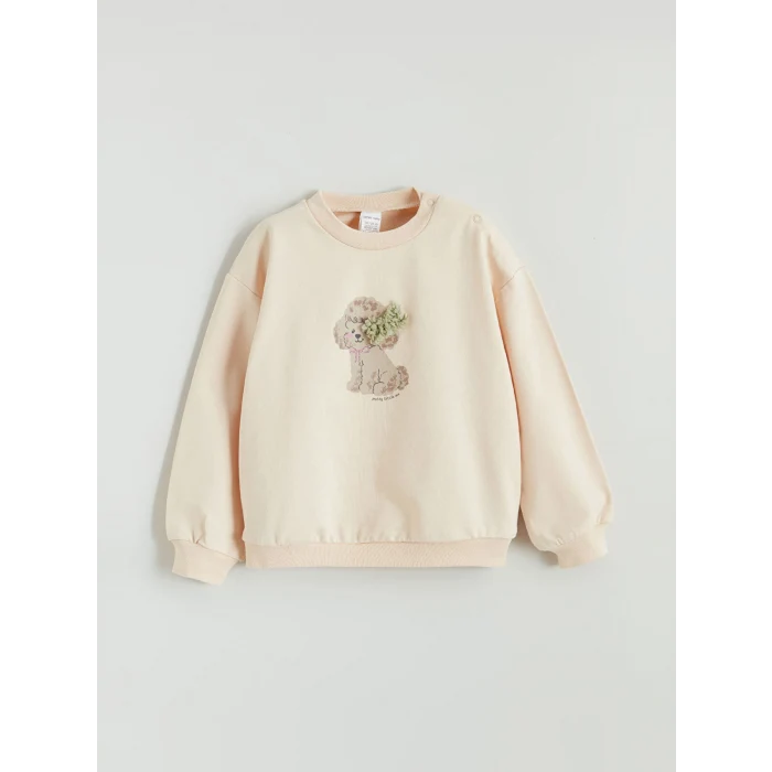 LCW baby Bej Bisiklet Yaka Baskılı Kız Bebek Sweatshirt ve Tayt