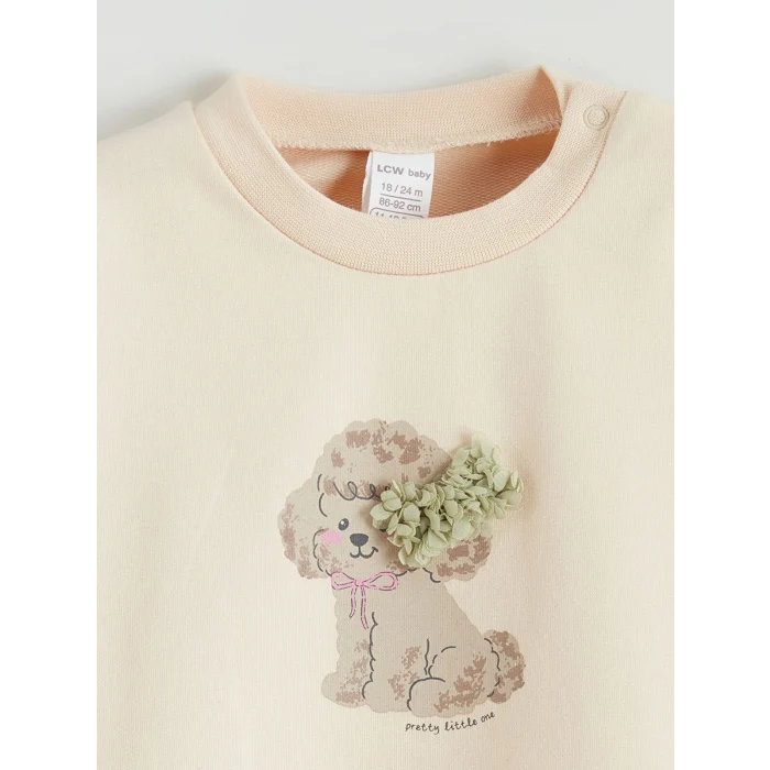 LCW baby Bej Bisiklet Yaka Baskılı Kız Bebek Sweatshirt ve Tayt