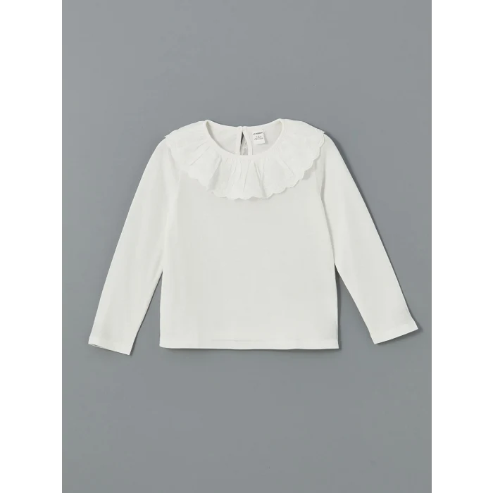 LCW Kids Ekru Bebe Yaka Uzun Kollu Nakışlı Kız Çocuk Tişört