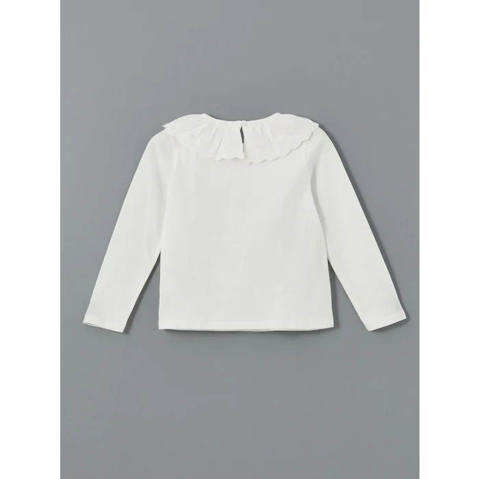 LCW Kids Ekru Bebe Yaka Uzun Kollu Nakışlı Kız Çocuk Tişört