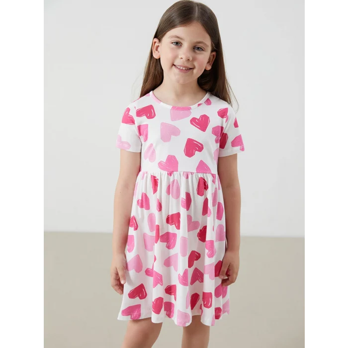 LCW Kids Ekru Bisiklet Yaka Baskılı Kız Çocuk Penye Elbise