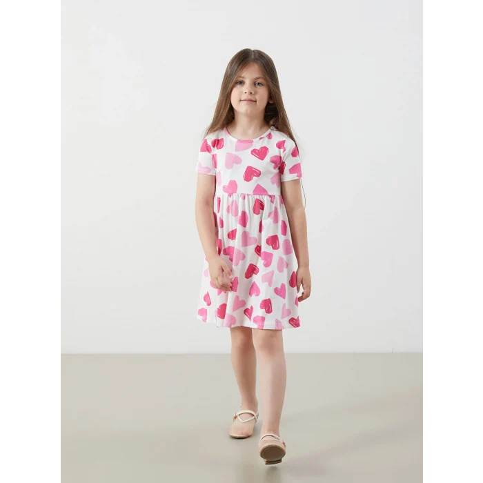 LCW Kids Ekru Bisiklet Yaka Baskılı Kız Çocuk Penye Elbise