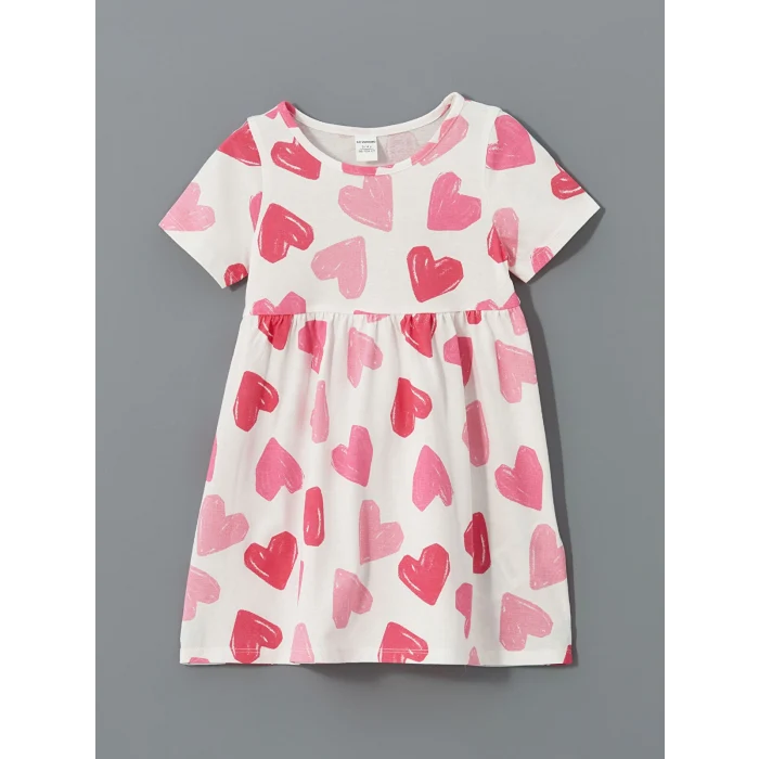 LCW Kids Ekru Bisiklet Yaka Baskılı Kız Çocuk Penye Elbise