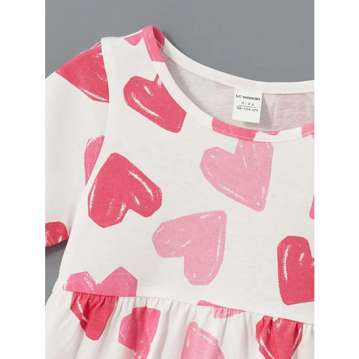 LCW Kids Ekru Bisiklet Yaka Baskılı Kız Çocuk Penye Elbise
