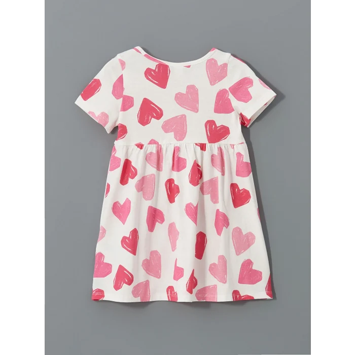 LCW Kids Ekru Bisiklet Yaka Baskılı Kız Çocuk Penye Elbise