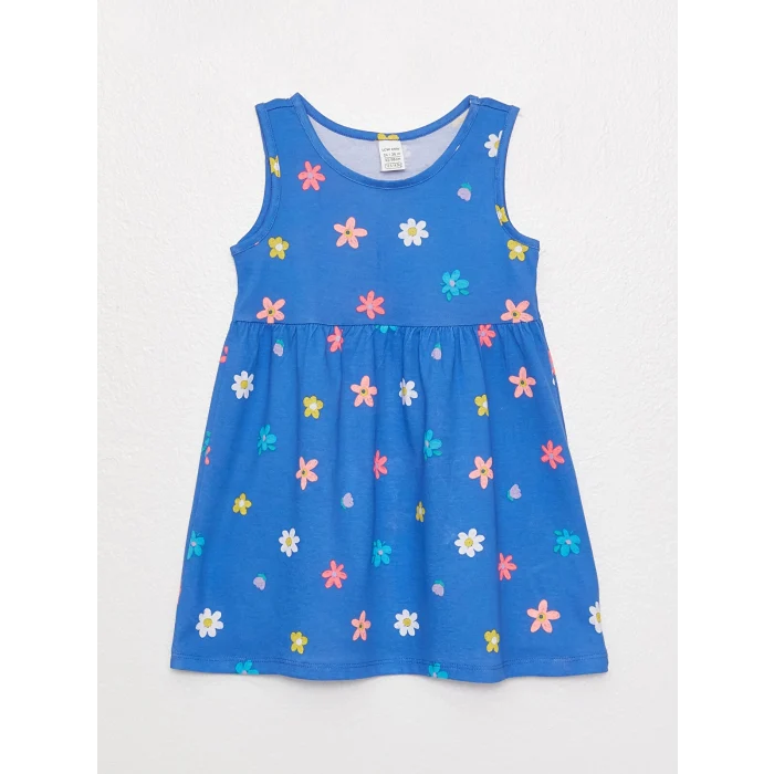 LCW baby Mavi Bisiklet Yaka Desenli Kız Bebek Elbise