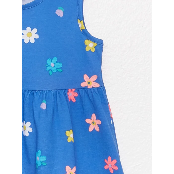 LCW baby Mavi Bisiklet Yaka Desenli Kız Bebek Elbise
