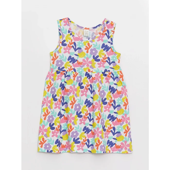 LCW baby Ekru Bisiklet Yaka Desenli Kız Bebek Elbise