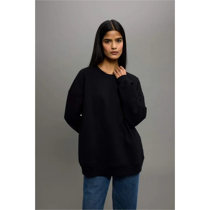 Defacto F9628AXBK81 Siyah Oversize Geniş Kalıp Bisiklet Yaka Basic Düz Kalın Sweatshirt