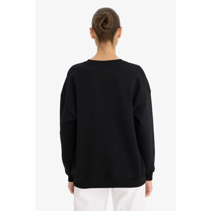 Defacto F9628AXBK81 Siyah Oversize Geniş Kalıp Bisiklet Yaka Basic Düz Kalın Sweatshirt