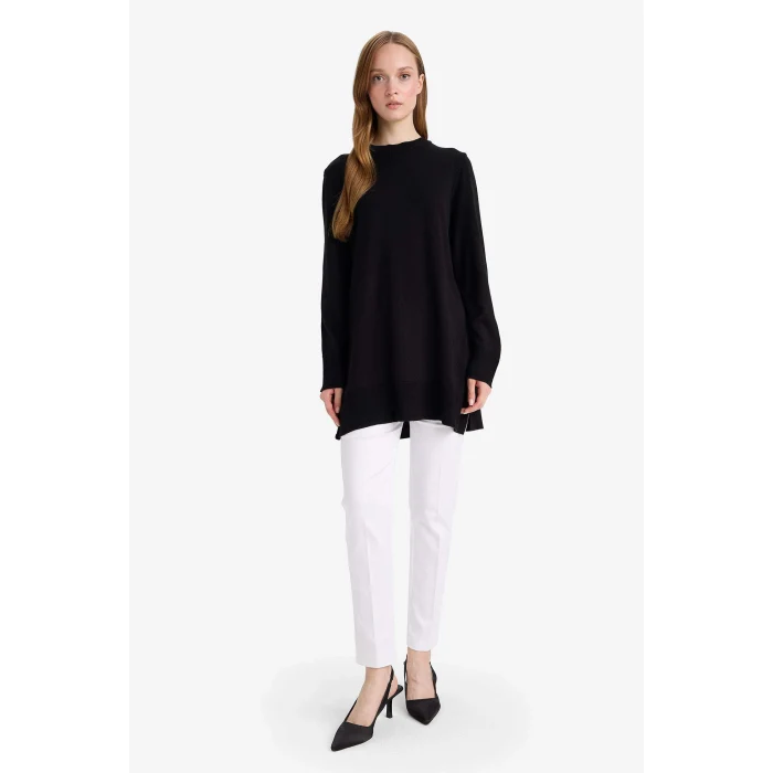 Defacto H3431AZBK27 Siyah Regular Fit Bisiklet Yaka Yırtmaçlı Basic Düz Triko Kazak Tunik