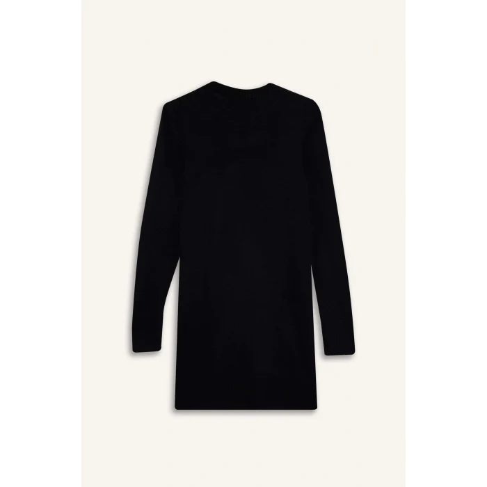 Defacto H3431AZBK27 Siyah Regular Fit Bisiklet Yaka Yırtmaçlı Basic Düz Triko Kazak Tunik