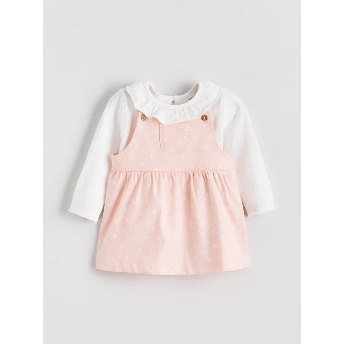 LCW baby Pembe Çiçekli Kız Bebek Salopet Elbise ve Tişört