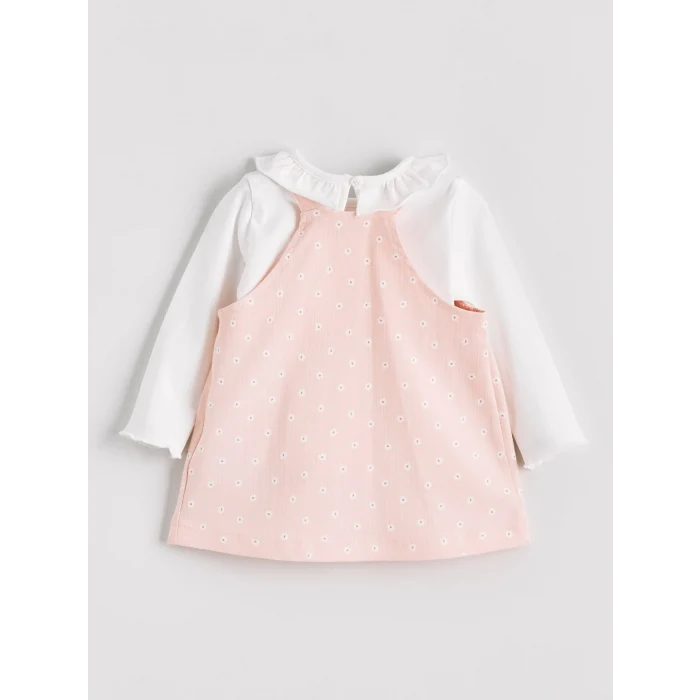 LCW baby Pembe Çiçekli Kız Bebek Salopet Elbise ve Tişört