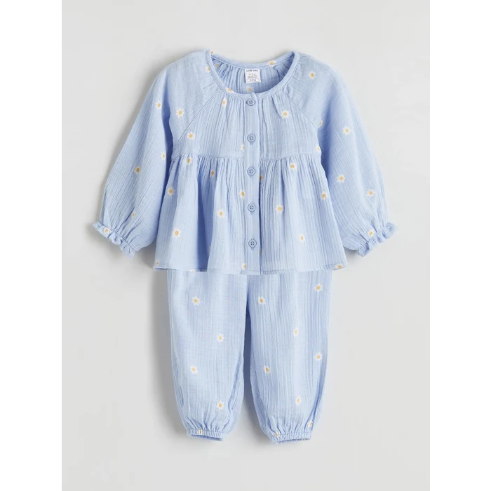 LCW baby Mavi Çiçekli Kız Bebek Gömlek ve Pantolon